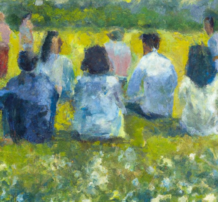 impressionistic image of people in a grassy field